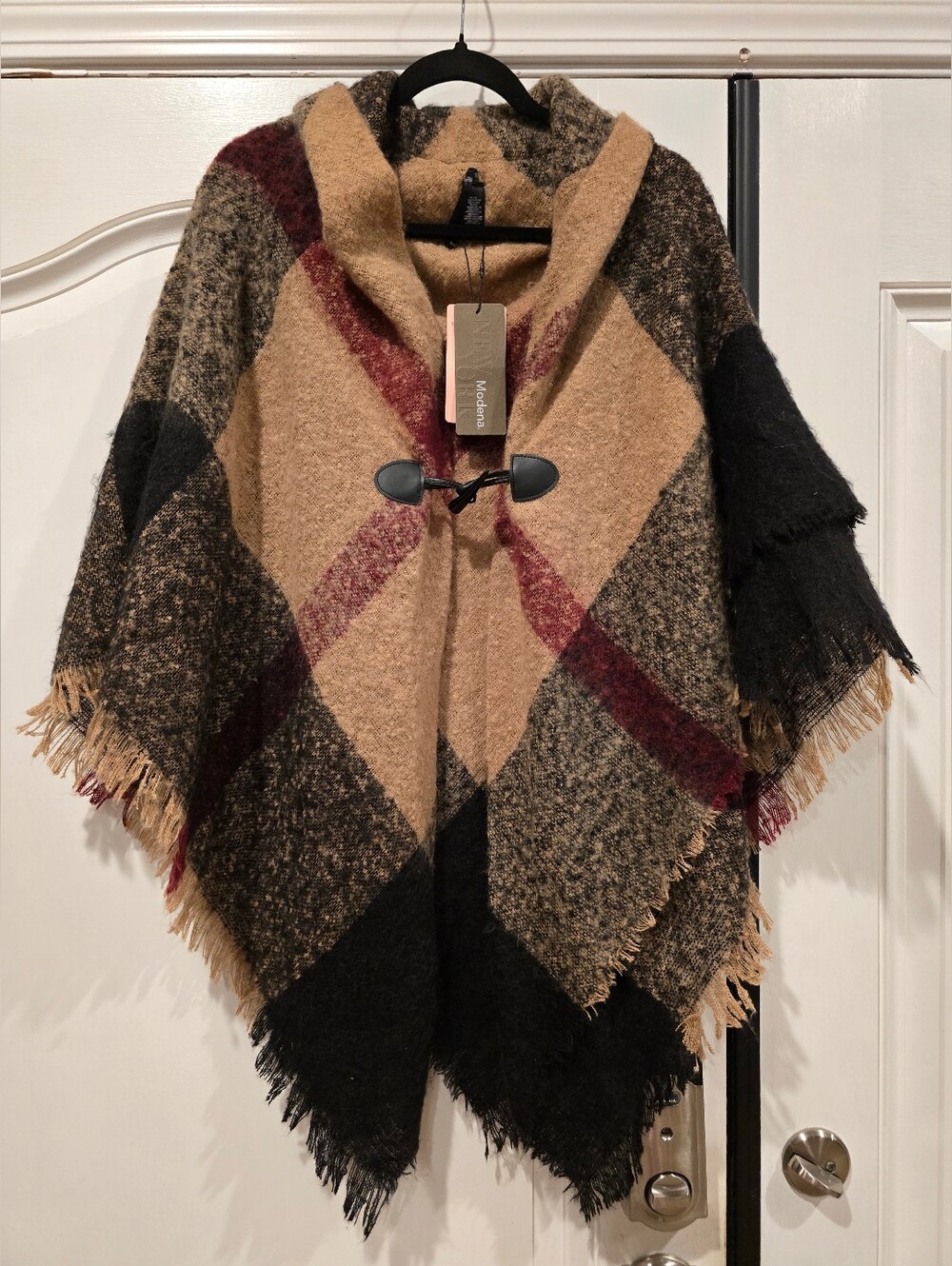 Modena New York Cozy Hooded Plaid Poncho in Camel, Black & Burgundy